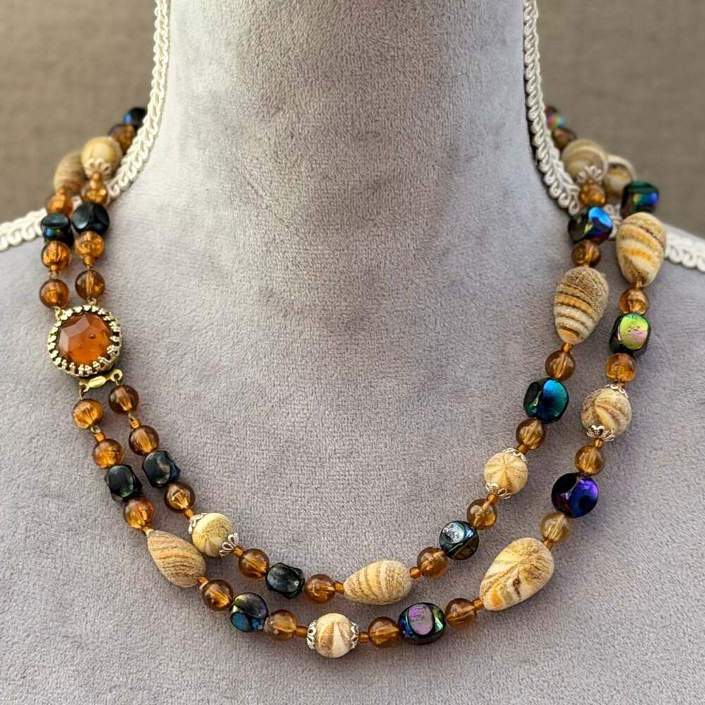Vintage Western Germany Sugared & AB Beads Double Strand Necklace